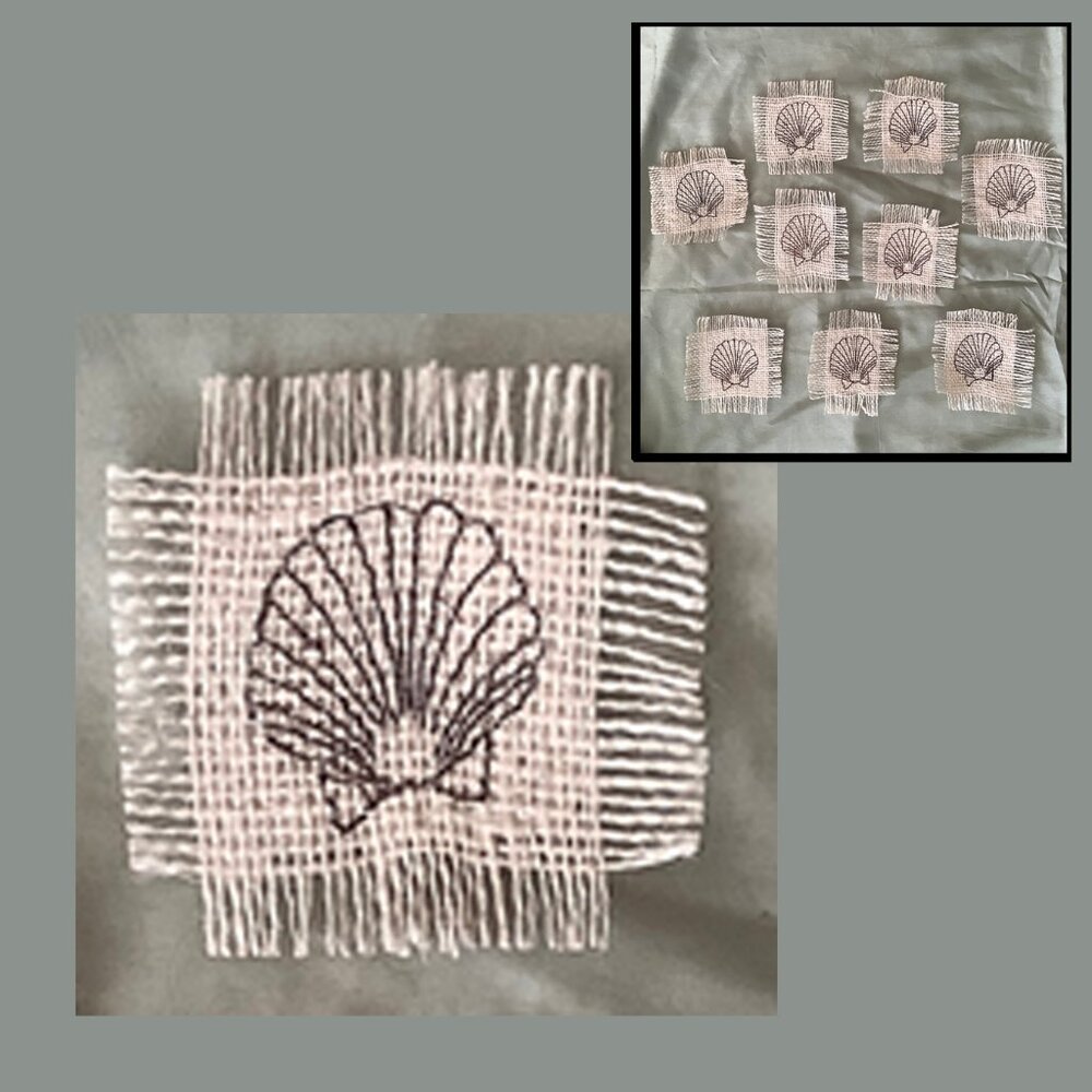 NEW SET OF 9 Handmade Natural with Brown Stamped Shell Coasters w/ Felt Bottoms